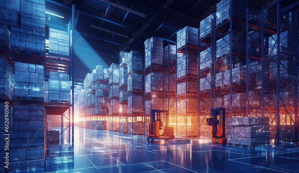 Business management or organization with smart system. Futuristic holographic technology industrial warehouse, storage boxes or containers in warehouse. Robotic automation technology. Market demand