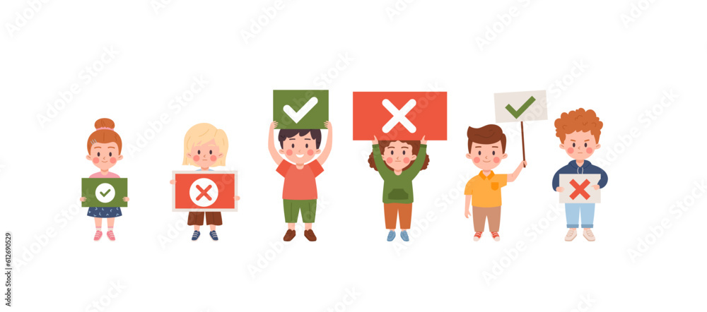 Set of emotional children holding papers with red and green ticks and crosses flat style