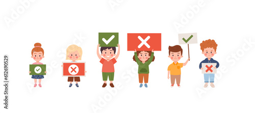 Set of emotional children holding papers with red and green ticks and crosses flat style