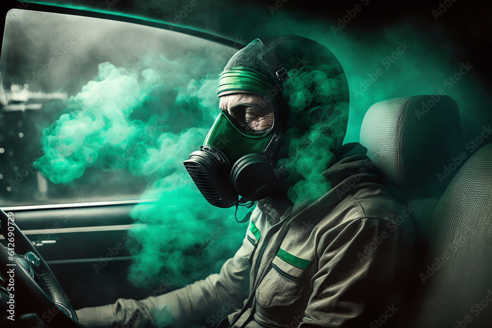 Driver wearing respirator or gas mask. Bad smell in the car. Concept of faulty air conditioners. Smelly gas blowing fron air vents ducts. generative AI. Driver wearing respirator or gas mask. Bad smell in the car. Concept of faulty air conditioners. Smelly gas blowing fron air vents ducts. generative AI.