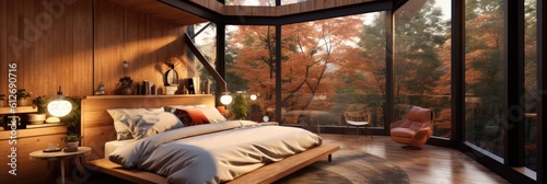 Modern Luxury Tree House Design Bedroom Interior Style Background - Bedroom in the Modern Luxury Tree House Apartment Design Indoor Home Decor Wallpaper created with Generative AI Technology