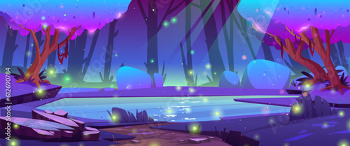Night magic forest woods with mystic swamp cartoon vector landscape. Fantasy enchanted woodland with path to lake with firefly. Mysterious purple fairy panoramic gui environment scene with nobody photo