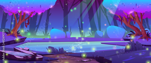 Night magic forest woods with mystic swamp cartoon vector landscape. Fantasy enchanted woodland with path to lake with firefly. Mysterious purple fairy panoramic gui environment scene with nobody