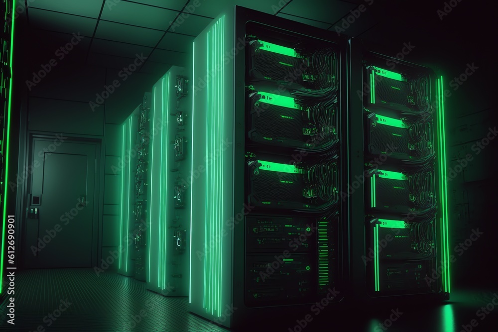 Server racks in computer network security server room data center. Big servers provides web hosting. Generative AI