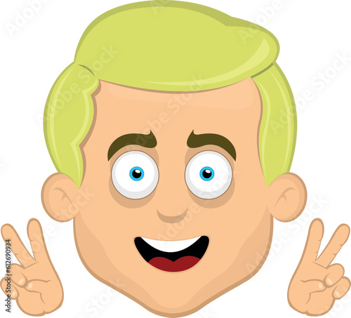 vector illustration face man cartoon blonde with blue eyes happy with hands making the classic gesture of love and peace or v victory