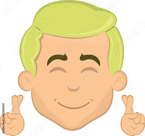 vector illustration face of cartoon blond man, crossing his fingers asking for a wish or good luck