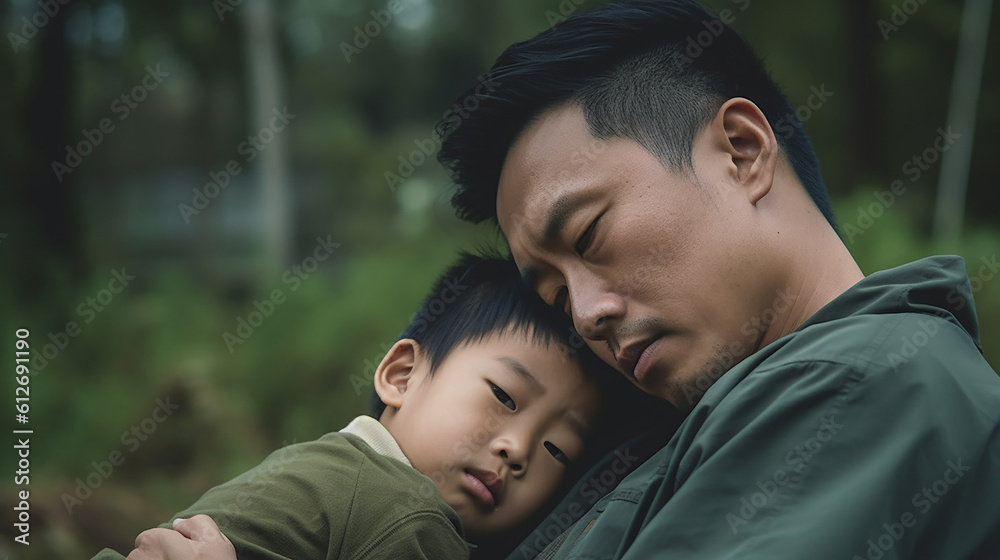 Generative AI image of a father's loving embrace, his son's head peacefully resting on his chest, as they share a tender moment. This image encapsulates the nurturing bond for Father's Day Generative AI image of a father's loving embrace, his son's head peacefully resting on his chest, as they share a tender moment. This image encapsulates the nurturing bond for Father's Day