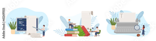 Set of copywriter people with huge text pages, books and monitor flat style