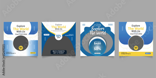 Set of travel sale social media post template. Web banner, flyer or poster for travelling agency business offer promotion. Holiday and tour advertisement banner .