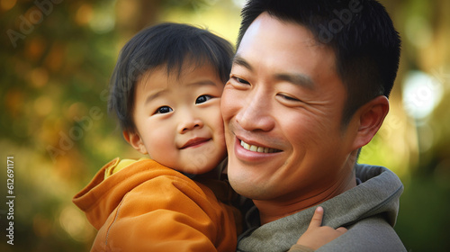 Generative AI image of a heartwarming embrace, as a father and son press their cheeks together, radiant smiles reflecting the unbreakable bond and joy shared on Father's Day, a celebration of love. photo