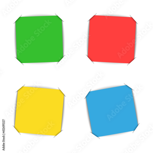 Wish board blank mockup for photo album or notes from colorful four sheets of paper inserted at corners into cuts on white paper.