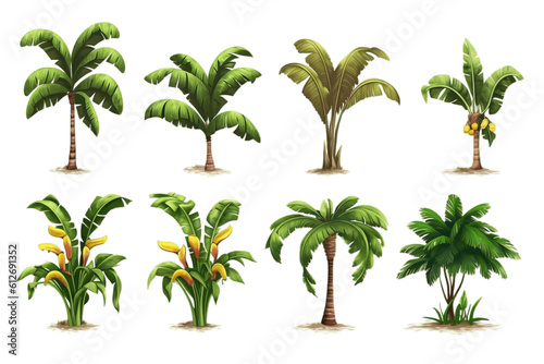 Set of Banana Trees Isolated on Transparent Background. Generative AI.