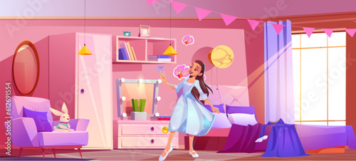 Girl teen in pink bedroom interior vector cartoon background. Child bed near bulb mirror in house with window and little wardrobe. Girly teenager flat furniture for happy princess with garland.