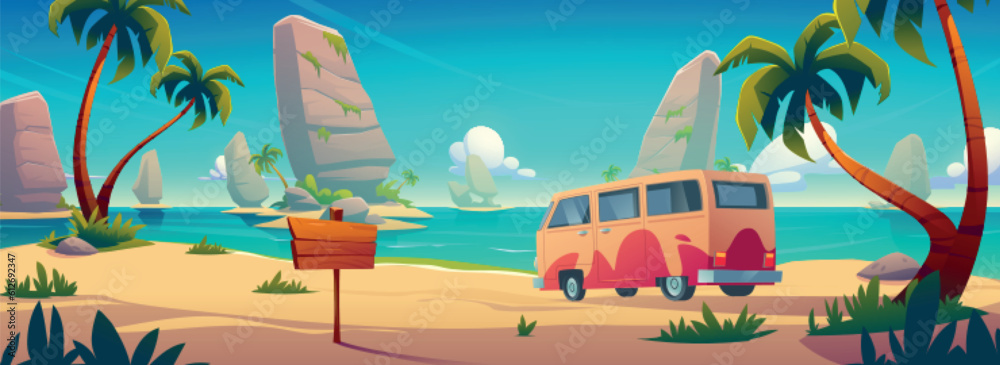 Vintage bus on summer beach near signboard vector background. Travel van in vacation trip to sea cartoon illustration with palm tree and wooden sign board. Journey to ocean coast on minibus truck