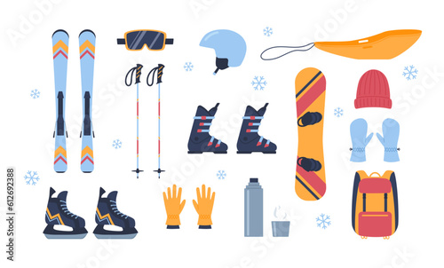 Set of winter sports equipment for active resting flat style, vector illustration