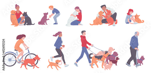 Diverse people hugging dogs and walking thor pets, set of flat vector illustrations isolated on white background.