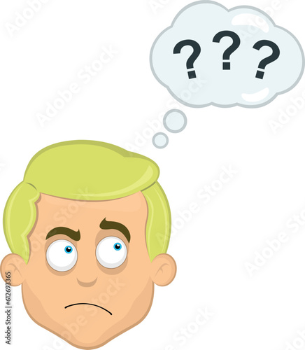 vector illustration face man cartoon blonde blue eyes, thinking or doubtful, with a thought cloud and question marks