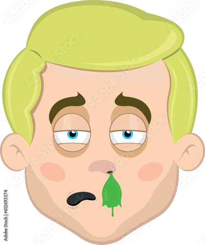 vector illustration face of a blond man cartoon and blue eyes, cold with a mucus falling from his nose photo