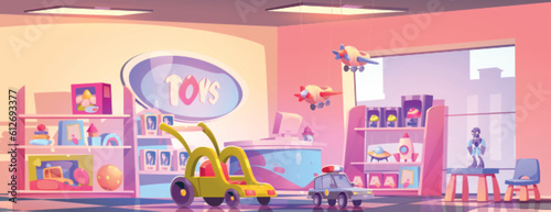 Shop with kids toys, games and gifts for children. Cute store interior with dolls and rockets on shelves, cars, robots and hanging planes, vector cartoon illustration