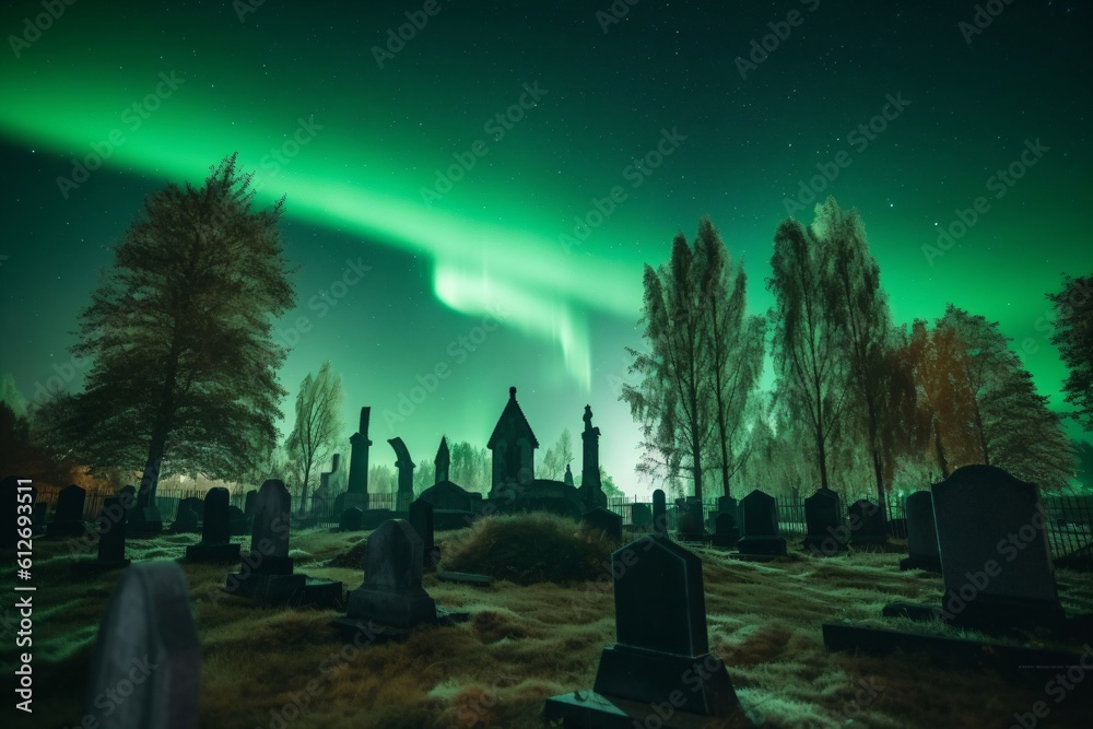 green polar lights over a small old cemetery created with Generative AI technology