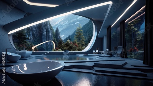 Futuristic Waterfall House Design Bathroom Interior Style Background - Bathroom in the Futuristic Waterfall House Apartment Design Indoor Home Decor Wallpaper created with Generative AI Technology