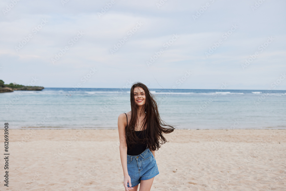 woman copy travel summer beach sea sunset lifestyle running young space smile woman copy travel summer beach sea sunset lifestyle running young space smile