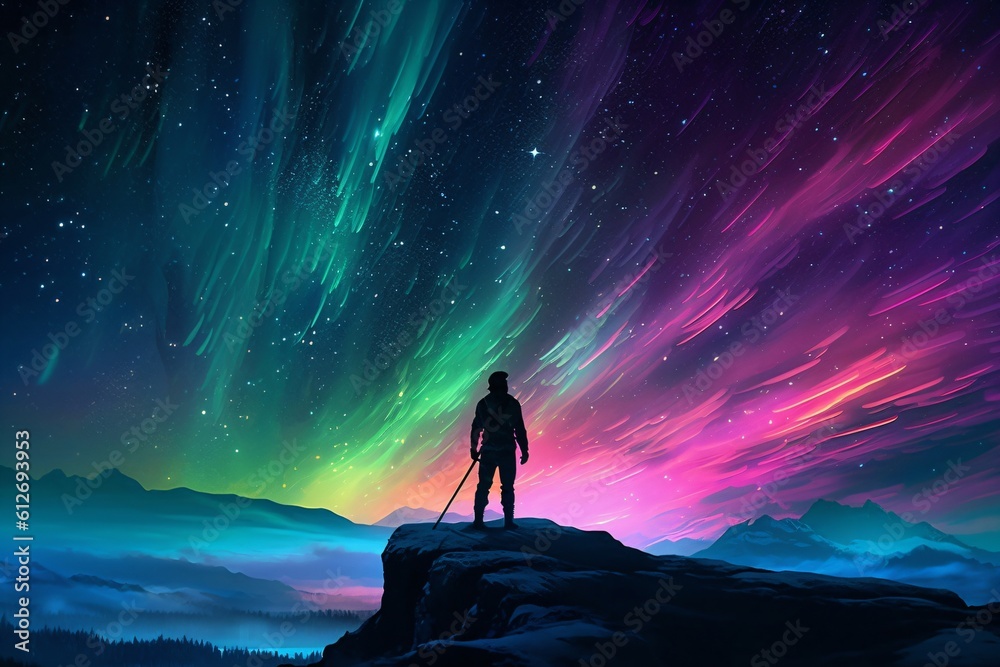 Obraz premium man on a rock looks into a green and pink glowing sky created with Generative AI technology