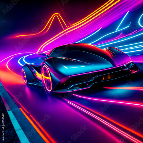 Futuristic Sports Car On Neon Highway. Powerful acceleration of a super car on a night track.Generative AI © Abdul