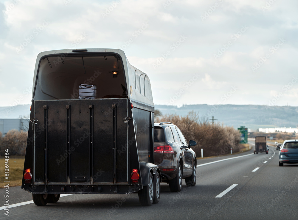 Road Trip with Equine Companion. Horse Trailer Journey Across Europe. Car with a horse trailer on the road in Europe. Horse transport on the motorway. Road Trip with Equine Companion. Horse Trailer Journey Across Europe. Car with a horse trailer on the road in Europe. Horse transport on the motorway.
