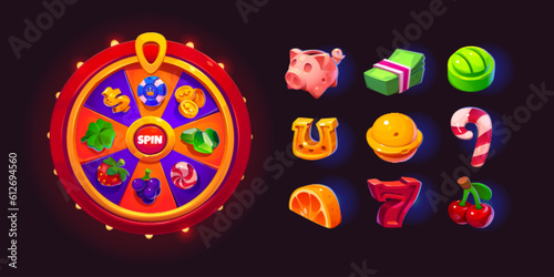 Game spin fortune wheel slot for ui casino vector. Lucky prize set with roulette, button, horseshoe, seven, cherry and candy isolated glow element. Fortuna round lottery to play and win free gift