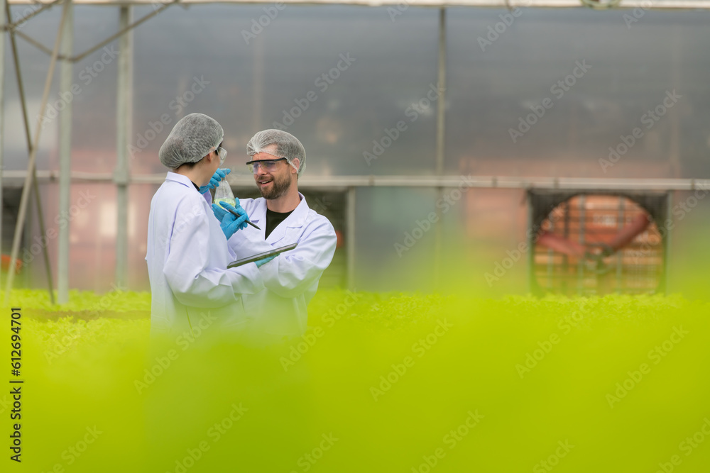 Scientists are conducting research and development on the cultivation of organic vegetables in a closed farm.