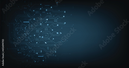 Circuit board blue technology background.Vector abstract technology illustration Circuit board on dark blue background.High tech circuit board connection system concept.	