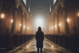 Illustration of hooded person in fogy church