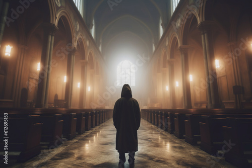 Illustration of hooded person in fogy church