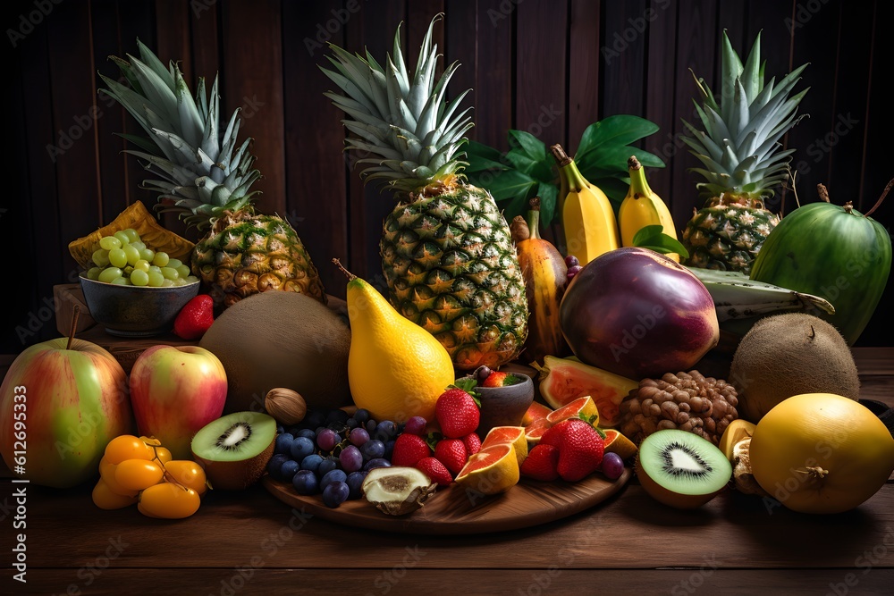 A vibrant assortment of tropical fruits on display. A vibrant assortment of tropical fruits on display.