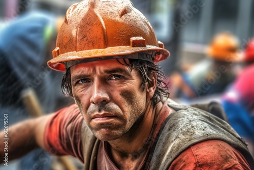 Hispanic man construction worker head shot portrait. Generative AI, Generative AI