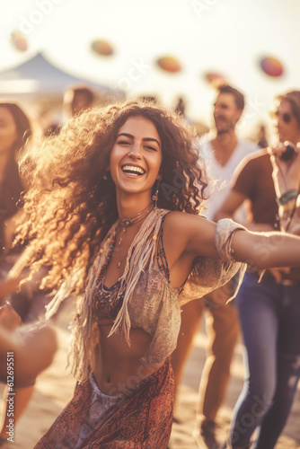 Young hippie woman having fun in summer at the beach. Generative AI, Generative AI