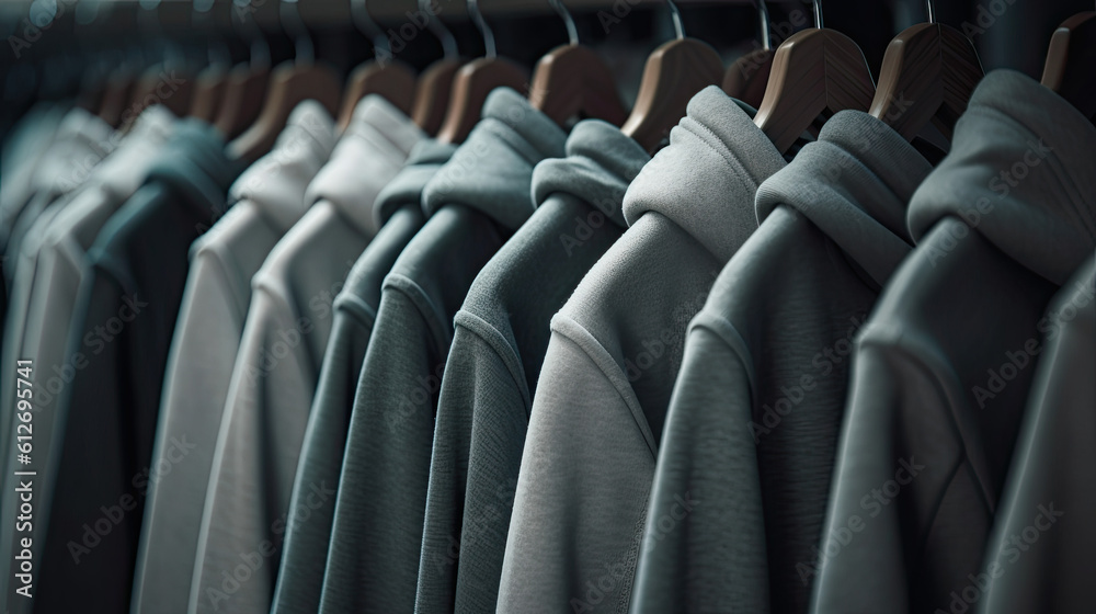 Fototapeta premium Gray clothing on the hangers. Generative AI