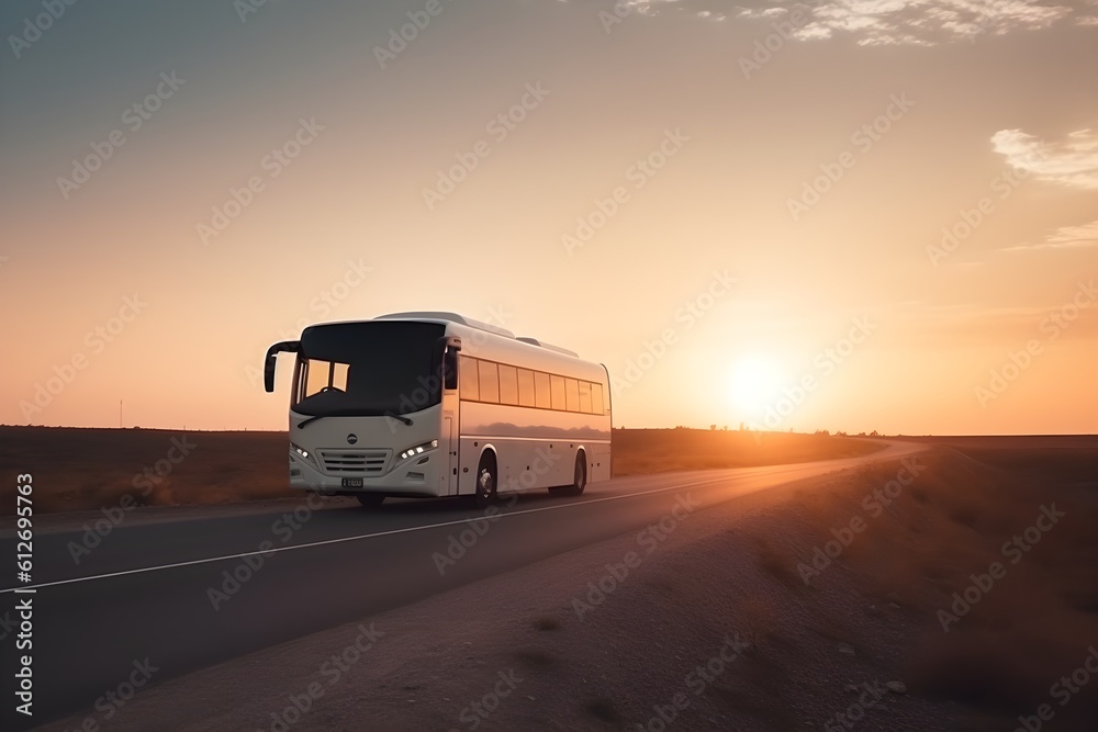 A sleek white tourist bus cruises through a scenic road.