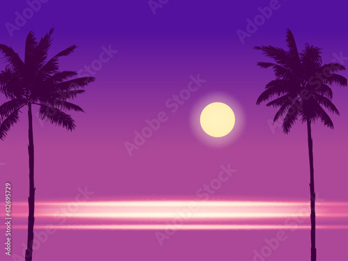 Tropical seashore night landscape, coast, palms, moonlight, ocean. Summer exotic scene view, silhouette