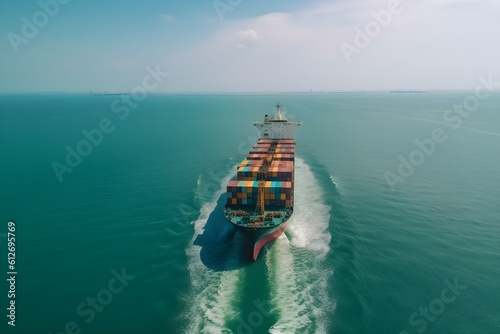 An aerial view of a cargo ship leaving a trail on the ocean.