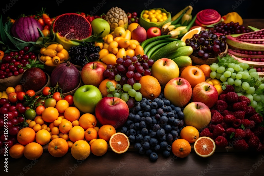 A colorful display of a variety of fresh fruits and vegetables arranged in a natural setting. A colorful display of a variety of fresh fruits and vegetables arranged in a natural setting.