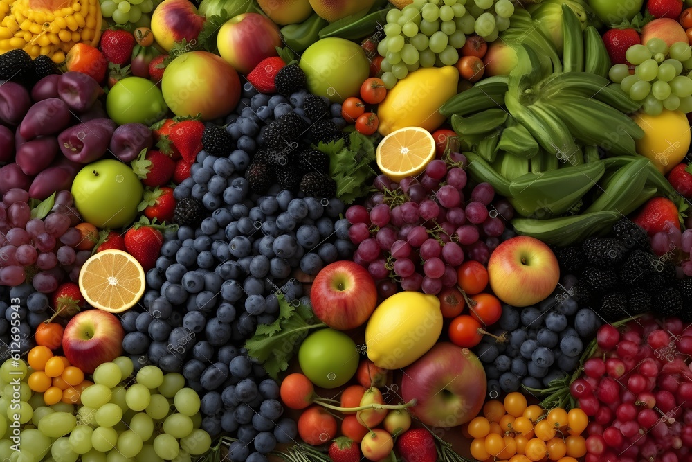 An assortment of colorful fruits and vegetables arranged in a natural display.
