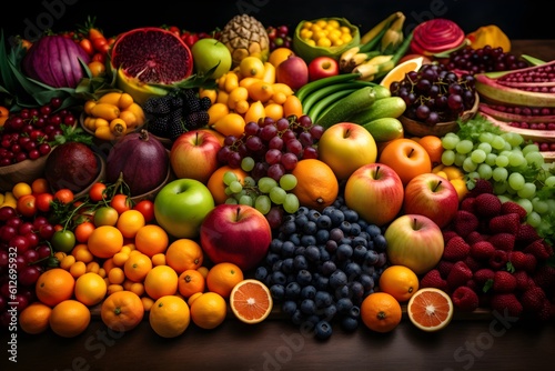 A colorful display of a variety of fresh fruits and vegetables arranged in a natural setting.