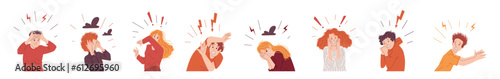 Set of panic people with lightning and dark clouds overhead flat style