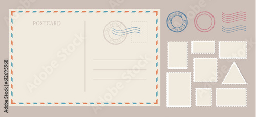 Envelope Postcard Template with Different Types Mail Stamp and Paper Mark Set Delivery Correspondence Concept. Vector illustration
