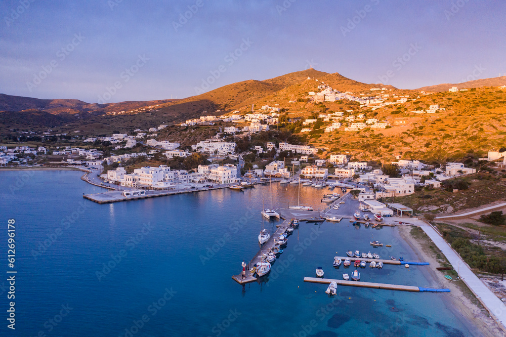 Harbor of Ios island in Greece during sundown
