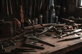 A collection of various tools laid out on a workbench, including hammers and screws.