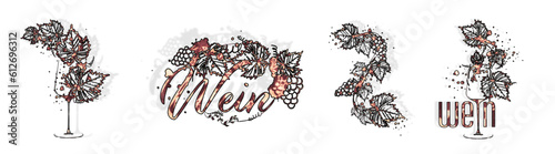 Collection of wine glasses and bottles - Wine Designs - Hand drawn elements for invitation cards, advertising banners and menus. Wine glasses with splashing wine. Sketch vector illustration.