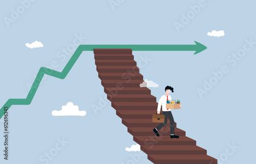 Changing career path due to no further career advancement, resignation from lack of growth opportunity, quitting job concept, Businessman stepping down stair from graph that stop growing. 